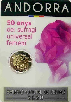 2 € euro commémorative Principauté d'Andorre 2020 pour les 50 ans du suffrage universel féminin.