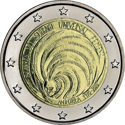 2 € euro commémorative Principauté d'Andorre 2020 pour les 50 ans du suffrage universel féminin.