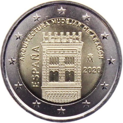 2 € euro commémorative 2020 Espagne, l'architecture mudéjare d'Aragon, avec la tour d'El Salvador de Terual