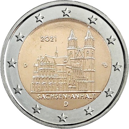 2 € euro commémorative 2021 Allemagne, la cathédrale de Magdebourg, Sachsen-Anhalt