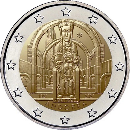 2 € euro commémorative 2021 de la Principauté d'Andorre pour le 100e anniversaire du couronnement de Notre-Dame de Meritxell