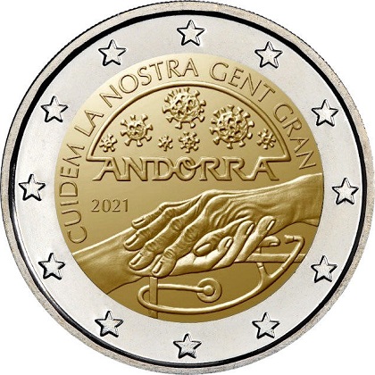 2 € euro commémorative 2021 de la Principauté d'Andorre avec le thème prenons soin de nos aînés