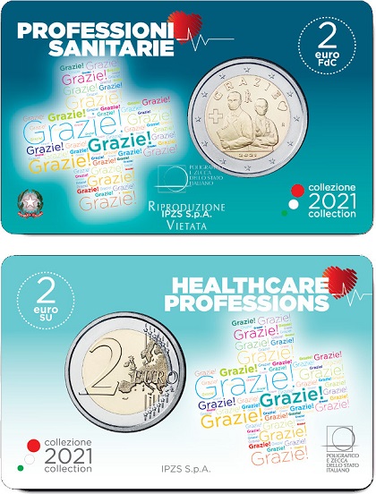 2 € euro commémorative Italie 2021 GRAZIE, pour remercier les professions de santé. coincard BU
