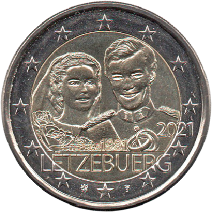 2 € euro commémorative 2021 Luxembourg pour le 40e anniversaire de la naissance du Grand-Duc Guillaume et du mariage du grand-duc Henri et de la grande-duchesse María Teresa Relief