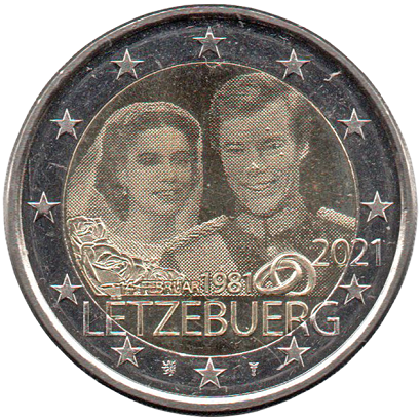 2 € euro commémorative 2021 Luxembourg pour le 40e anniversaire de la naissance du Grand-Duc Guillaume et du mariage du grand-duc Henri et de la grande-duchesse María Teresa