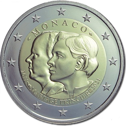 2 € commémorative 2021 Monaco pour le 10e anniversaire de mariage du prince Albert II et de la princesse Charlène