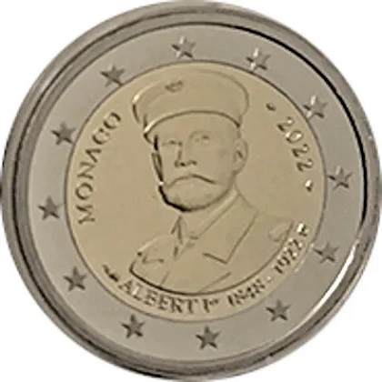 2 € euro commémorative 2022 Prinpauté de Monaco pour le centenaire de la mort du Prince Albert Ier de Monaco.