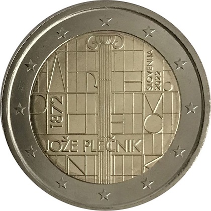 2 € euro commémorative 2022 Slovénie pour le 150e anniversaire de la naissance de l'architecte Jože Plecnik.
