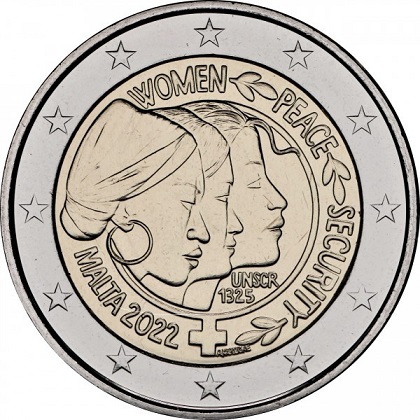 2 € euro commémorative 2022 Malte pour la résolution du Conseil de sécurité des Nations Unies sur la paix et la sécurité des femmes