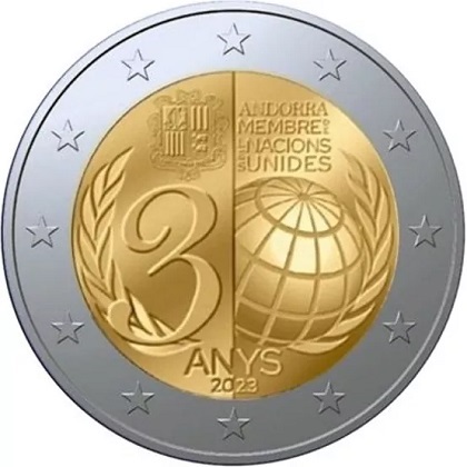2 € euro commémorative 2023 Principauté d'Andorre pour le 30e anniversaire de l'adhésion d'Andorre aux Nations Unies