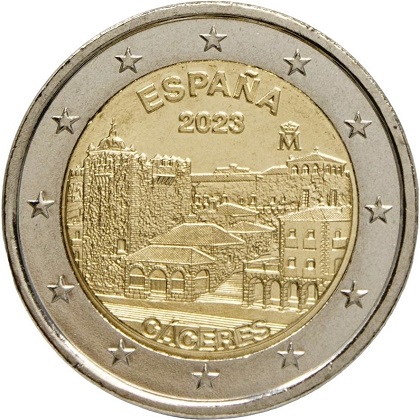 2 € commémorative 2023 Espagne dédiée au Patrimoine mondial avec la Vieille ville de Cáceres