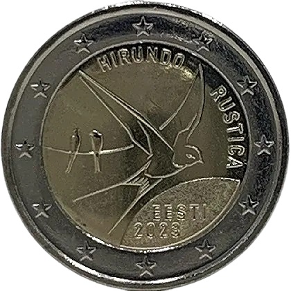 2 € commémorative 2023 Estonie dédiée à l'hirondelle rustique, l'oiseau national.
