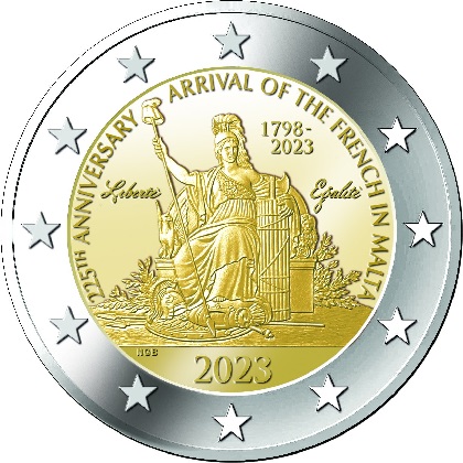 2 € euro commémorative 2023 Malte pour commémorer Napoléon Bonaparte et le 225e anniversaire de l'arrivée des français à Malte.