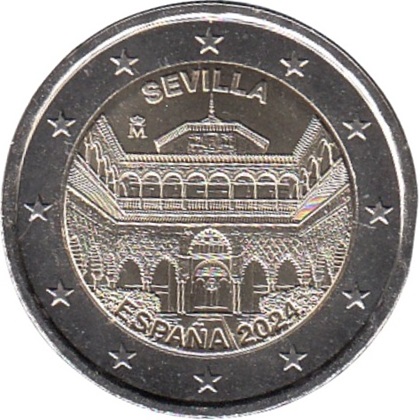 2 € commémorative 2024 Espagne Sevilla pour célébrer La Cathédrale, l'Alcázar et l'Archivo de Indias de Séville.