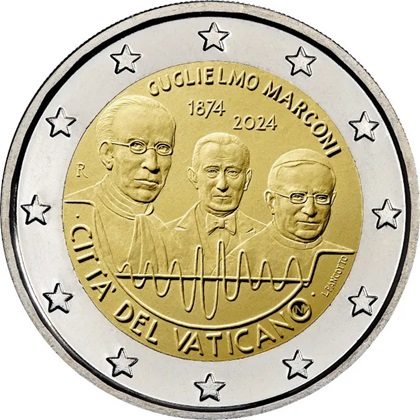 2 € euro commémorative 2024 Vatican pour le 150e anniversaire de la naissance de Guglielmo Marconi.