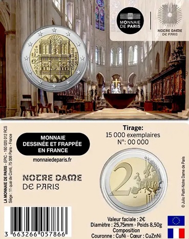 2 euro commémorative 2025 France dédiée à la Cathédrale Notre Dame de Paris coincard BU