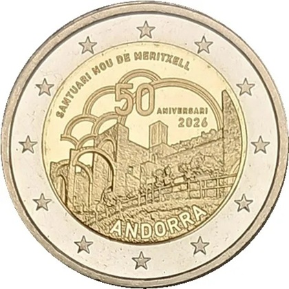 2 euro commémorative 2026 Principauté d'Andorre dédiée au 50e anniversaire de l'inauguration du nouveau sanctuaire de Meritxelle