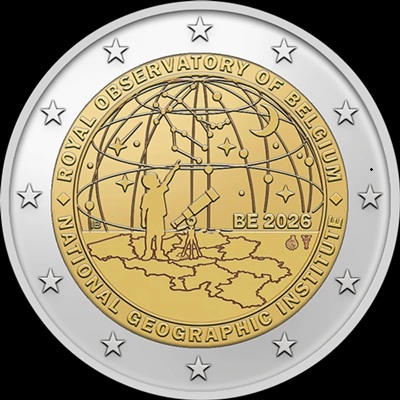 2 euro commémorative 2026 Belgique pour les 50e anniversaire de l'Institut géographique national et 200e anniversaire de l'Observatoire royal de Belgique.