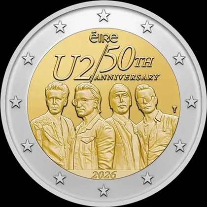 2 euro commémorative Irlande 2026 pour les 50 ans de la formation du groupe de rock irlandais U2.