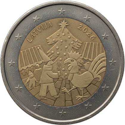 2 euro commémorative 2026 Lettonie pour commémorer la tradition des marchés de Noël. lettones