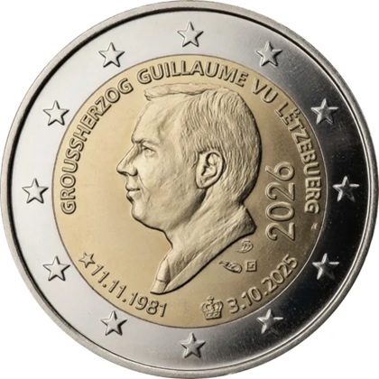 2 euros commémorative 2026 Luxembourg dédiée à l'accession au trône du grand-duc Guillaume et son 45e anniversaire.