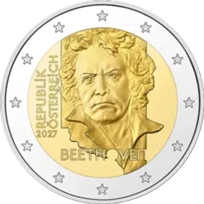 2 euro commémorative 2027 Autriche dédiée à Ludwig van Beethoven pour le bicentenaire de la mort du compositeur