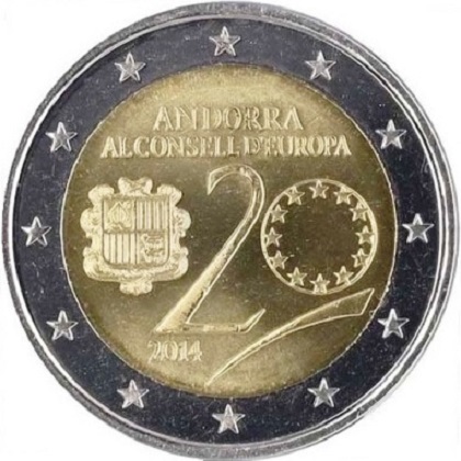 2 euro 2014 commémorative de la Principauté d'Andorre 20ème anniversaire de l'entrée d'Andorre au Conseil de l'Europe