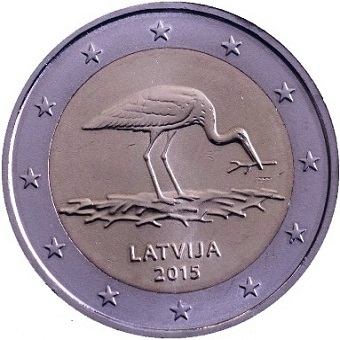 2 euro commémorative 2015 Lettonie la cigogne noire, une espèce menacée