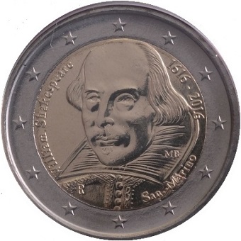 2 euros commémorative 2016 Saint-Marin 400ème anniversaire de la mort de William Shakespeare.