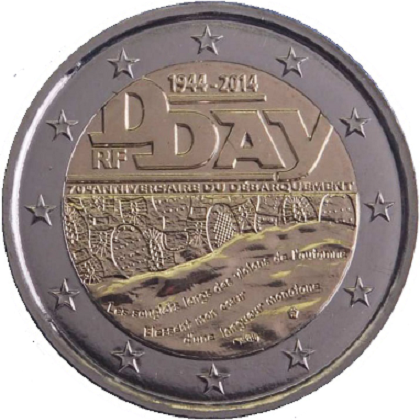 2 euro 2014 commémorative France 70ème anniversaire du débarquement en Normandie, le 6 juin 1944, le D-DAY