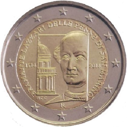 2 euro 2014 commémorative de Saint-Marin 500ème anniversaire de la mort Bramante Lazzari delle Penne di San Marino