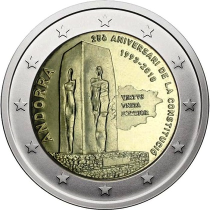 2 euros commémorative 2018 Principauté d'Andorre pour commémorer le 25ème anniversaire de la constitution d'Andorre