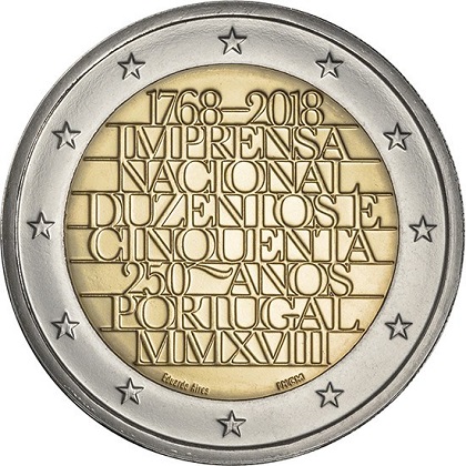 2 euro commémorative 2018 Portugal pour les 250 ans de l'imprimerie nationale