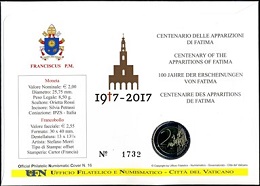 enveloppe philatélique numismatique 2 euro 2017 Vatican Fatima 