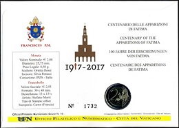 enveloppe philatélique numismatique 2 euro 2017 Vatican Fatima