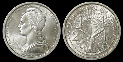 2 francs 1948 et 1949 côte française des somalis