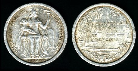 2 francs 1949 établissement français de l'océanie 