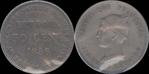 Bon pour 50 centimes 1896 île de la Réunion
