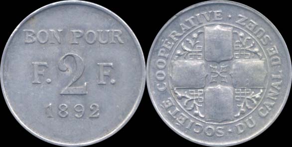 bon pour 2 francs 1892 société coopérative du canal de suez 