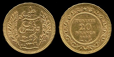 pièce de 20 francs or 1893 Tunisie