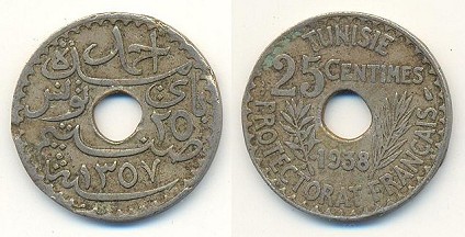 25 centimes 1938 Tunisie protectorat français