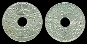 5 centimes 1938 Tunisie protectorat français