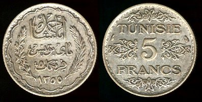5 Francs AH 1325-1355 Tunisie