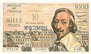 Billet de 1000 francs Richelieu 1957 surchargé 10 nouveaux francs