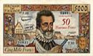 Billet de 5000 francs Henri IV surchargé 50 nouveaux francs 1958 et 1959