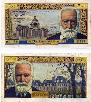 billet de 5 nouveaux francs victor hugo 1965