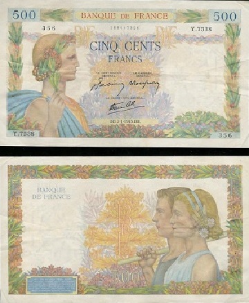 billet de 500 francs 1942 la paix