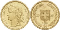 20 francs or suisse helvetia 1883