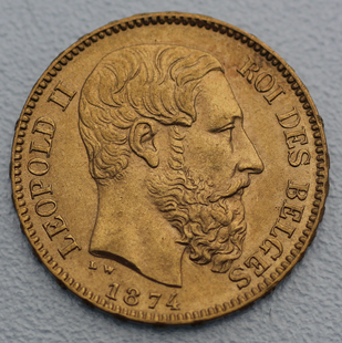 20 francs or 1874 léopold II roi des belges