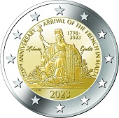 2 € euro commémorative 2023 Malte pour commémorer Napoléon Bonaparte et 225e anniversaire de l'arrivée des français à Malte